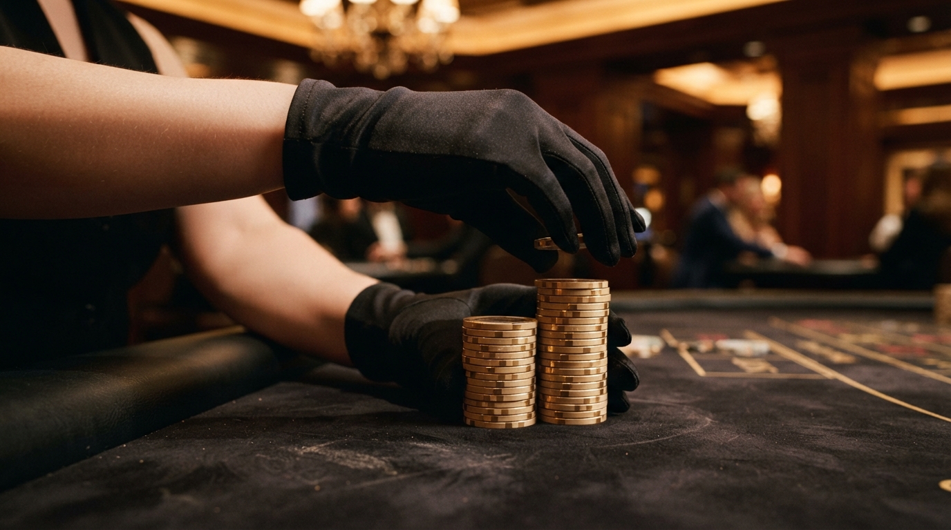 Mejores casinos con retirada instantánea — Manos enguantadas apilando fichas de casino en tonos champagne; la luz realza el
