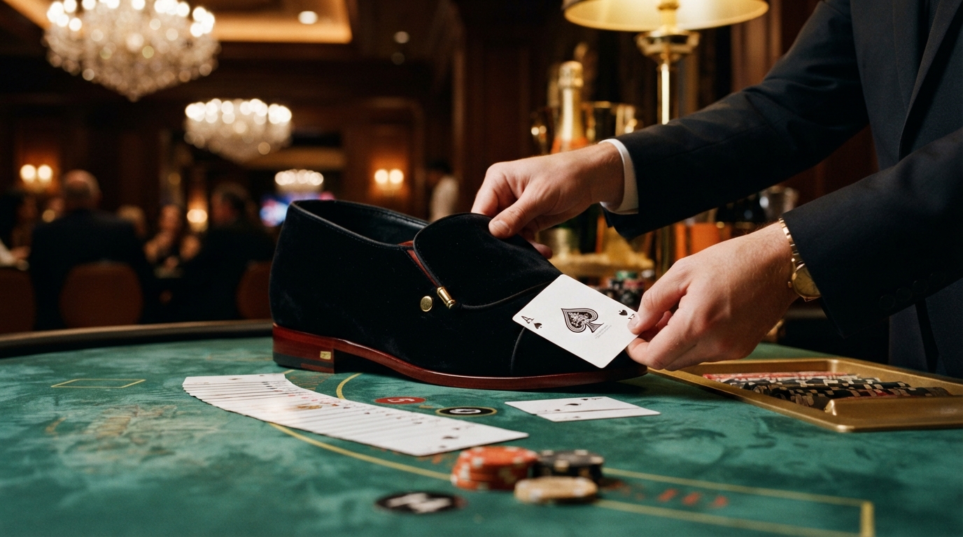 Mejores casinos con retirada instantánea — Primer plano de cartas de póker siendo repartidas desde un zapato de terciopelo