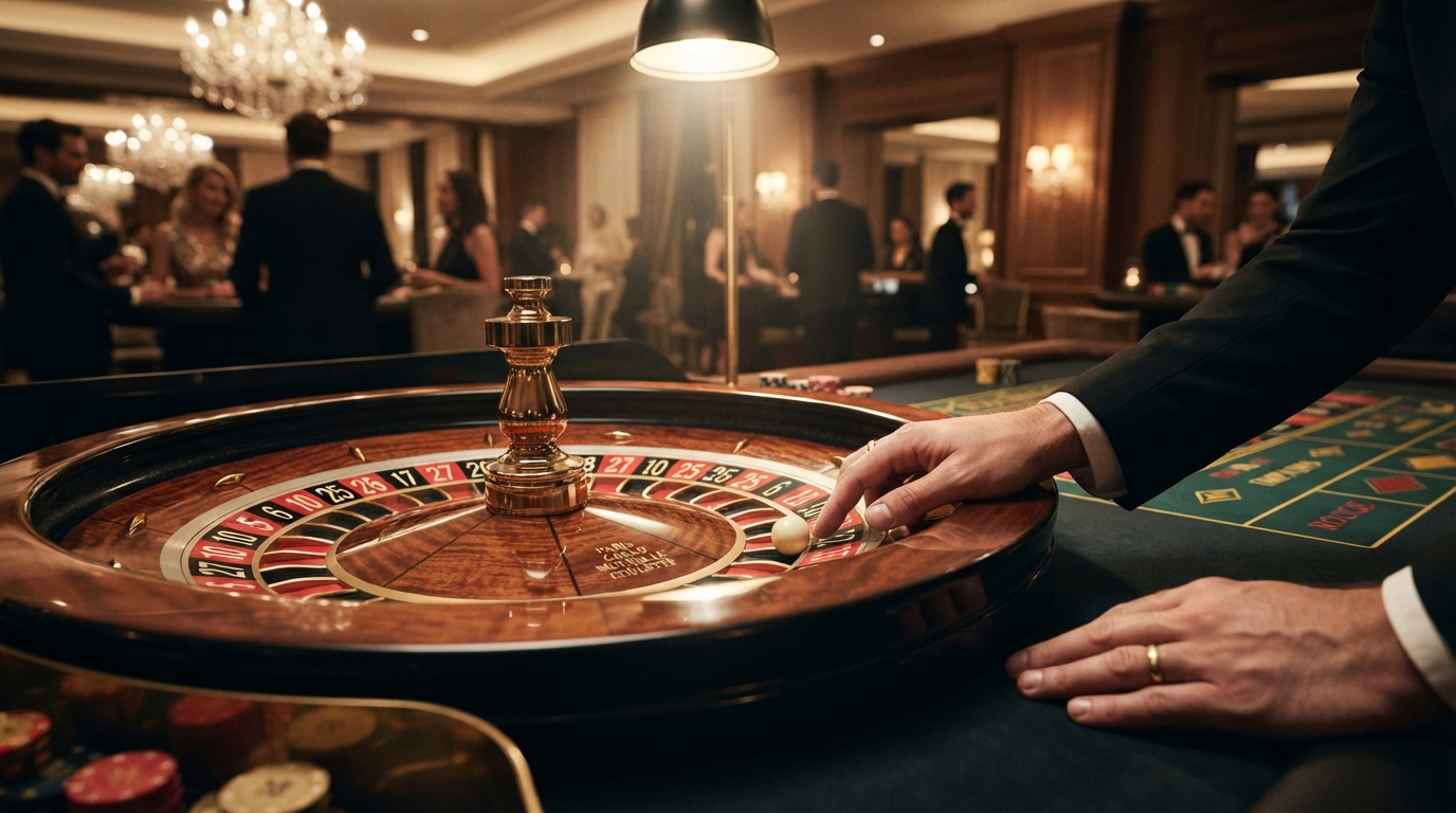 Mejores casinos con retirada instantánea — La bola de la ruleta se detiene en un número rojo, iluminada por un foco dramáti