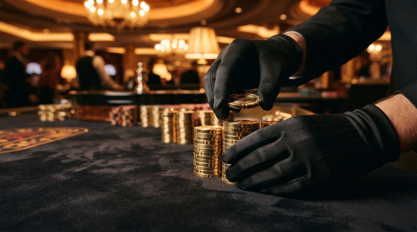 Métodos de retirada instantánea en casinos online — Manos enguantadas apilando fichas de casino doradas sobre fieltro negro, con luc