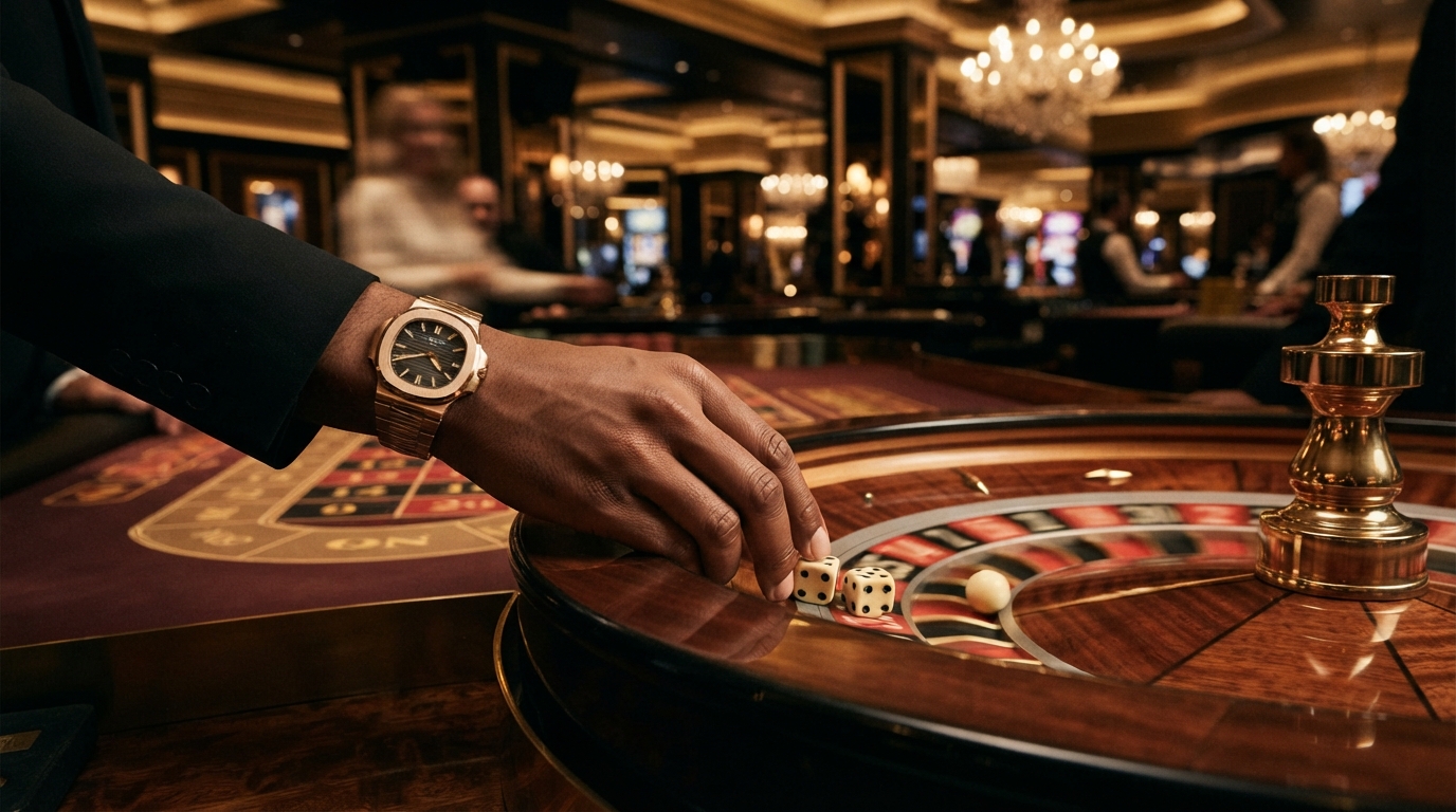 Métodos de retirada instantánea en casinos online — Una mano con un reloj fino empuja un par de dados de marfil cerca de la pista de