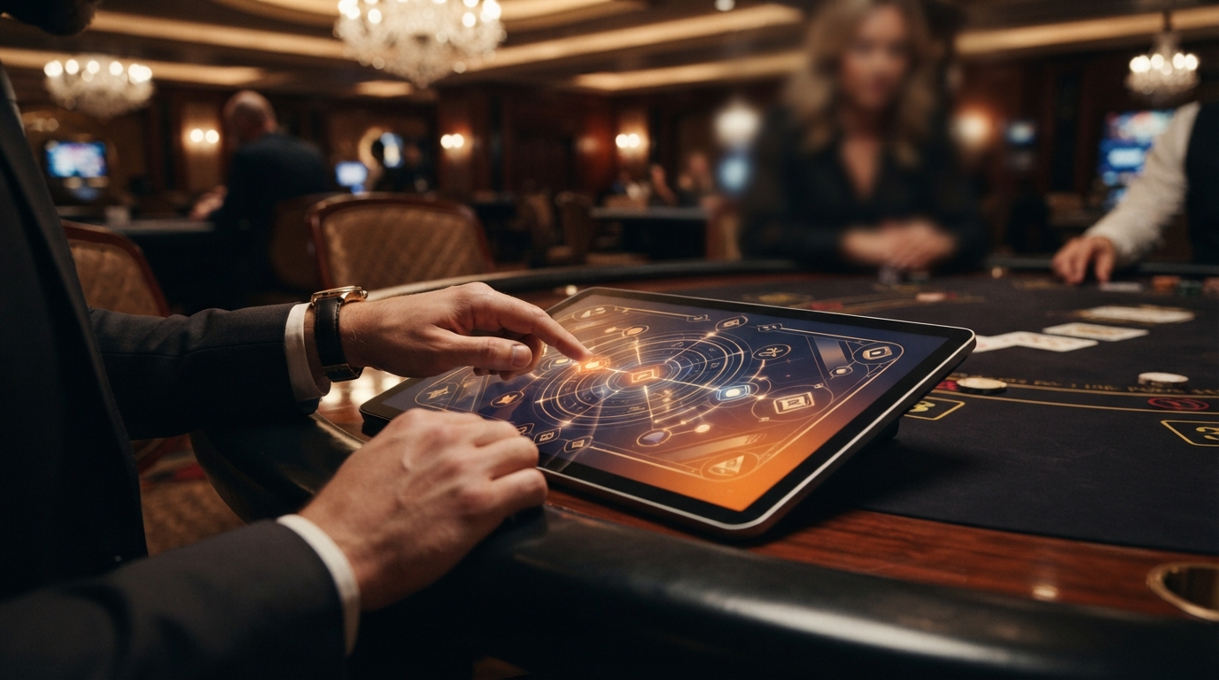 Métodos de retirada instantánea en casinos online — Primer plano de una pantalla táctil con un juego abstracto, apoyada en el borde 