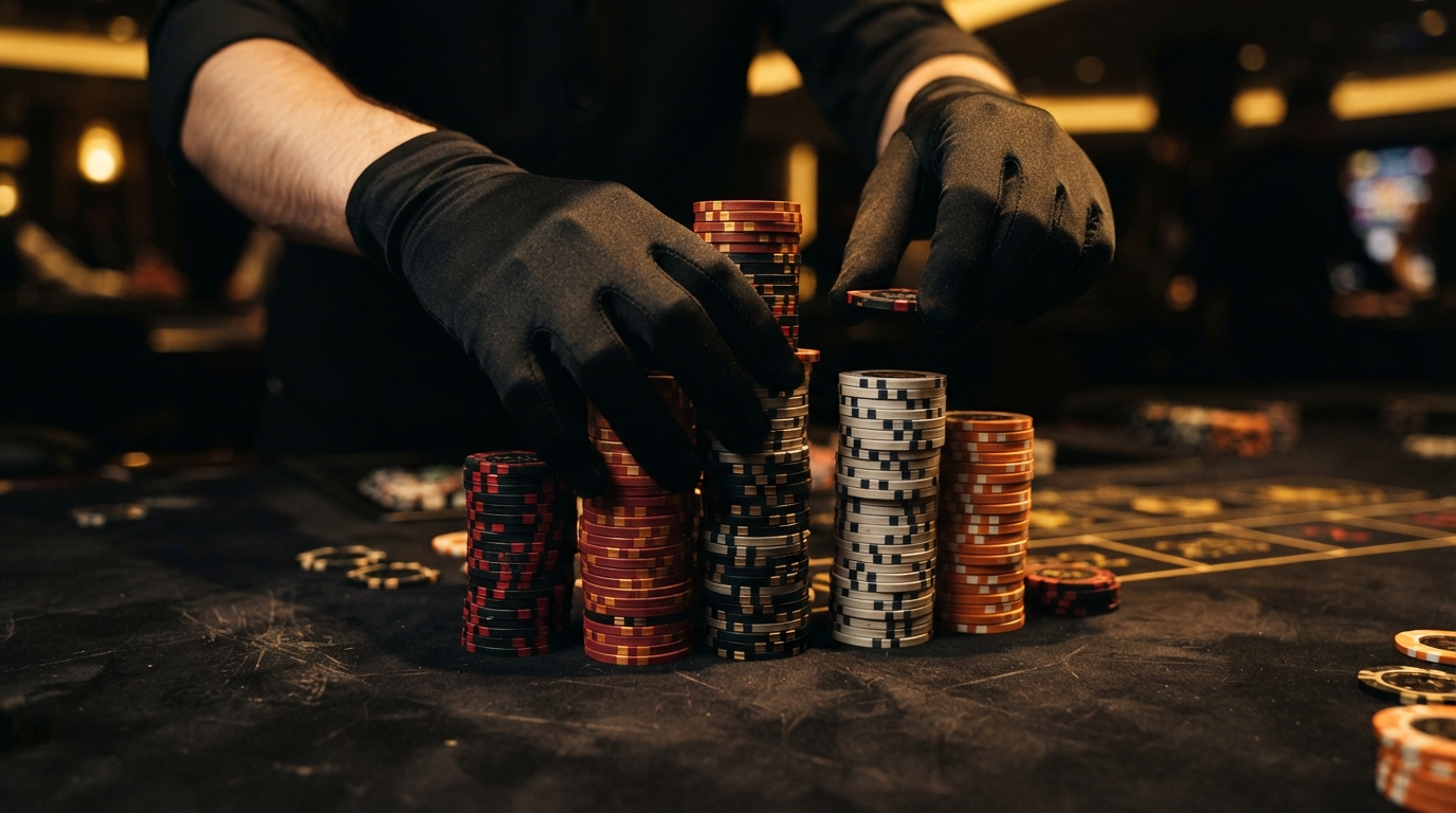 Casinos con retirada instantánea de pago — Manos enguantadas apilando altas torres de fichas de casino sobre fieltro negro,