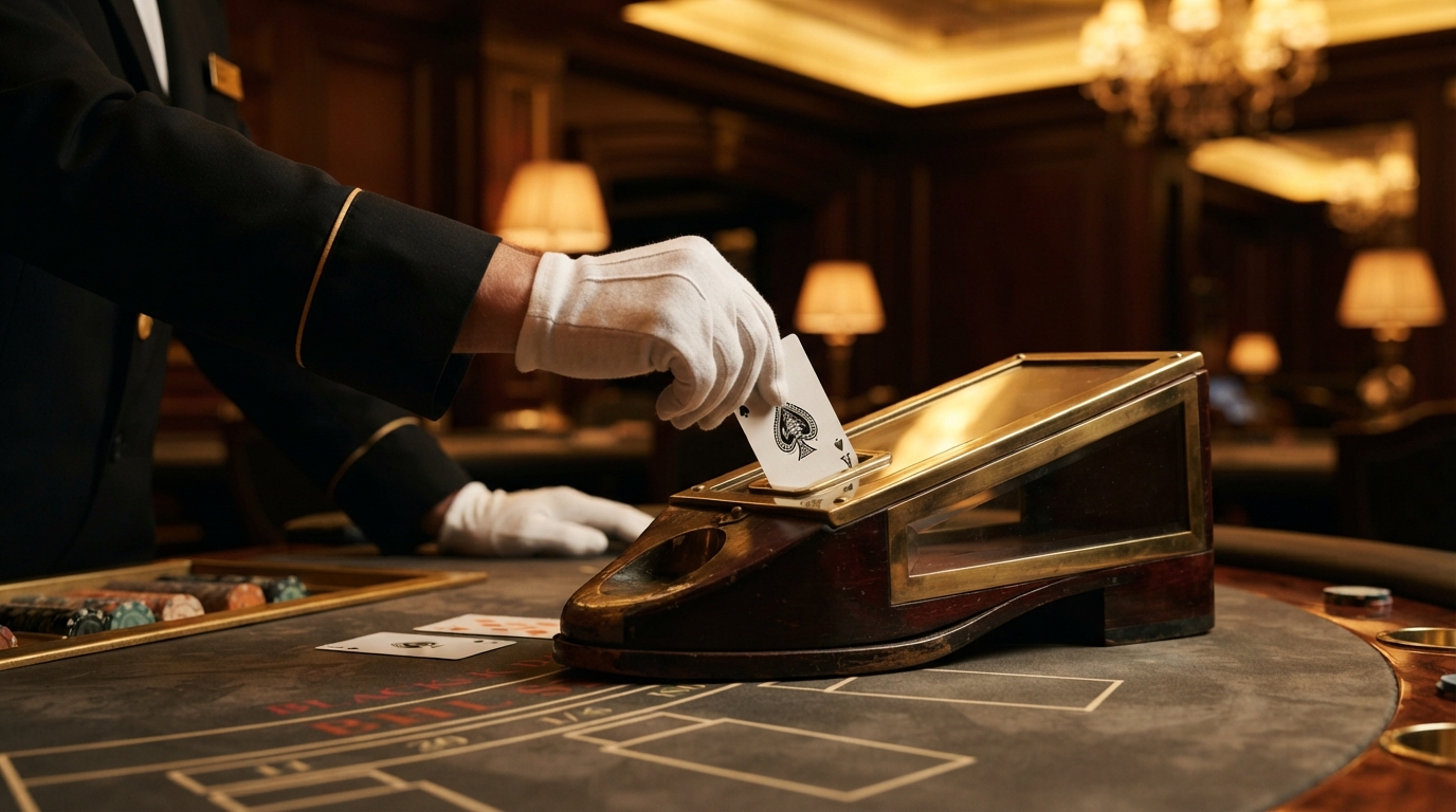 Casinos con retirada instantánea de pago — Crupier introduciendo la última carta de un zapato de cartas antiguo, con la luz