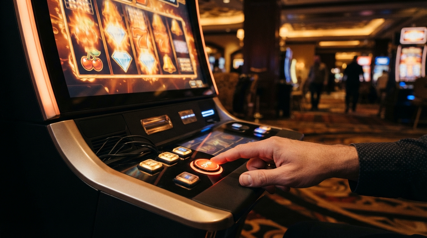 Casinos con retirada instantánea de pago — Reel de tragaperras iluminado en primer plano, con la mano de un jugador a punto
