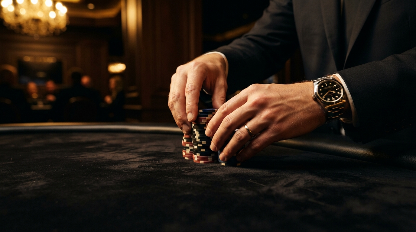 Casinos con retirada instantánea y PayPal — Manos con un reloj de lujo apilan fichas de casino sobre terciopelo negro, con i