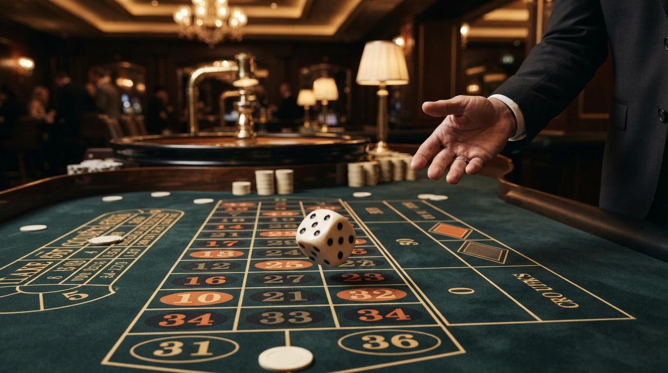 Casinos con retirada instantánea y PayPal — Un dado de marfil blanco rueda sobre la mesa de ruleta, el foco nítido en sus ar