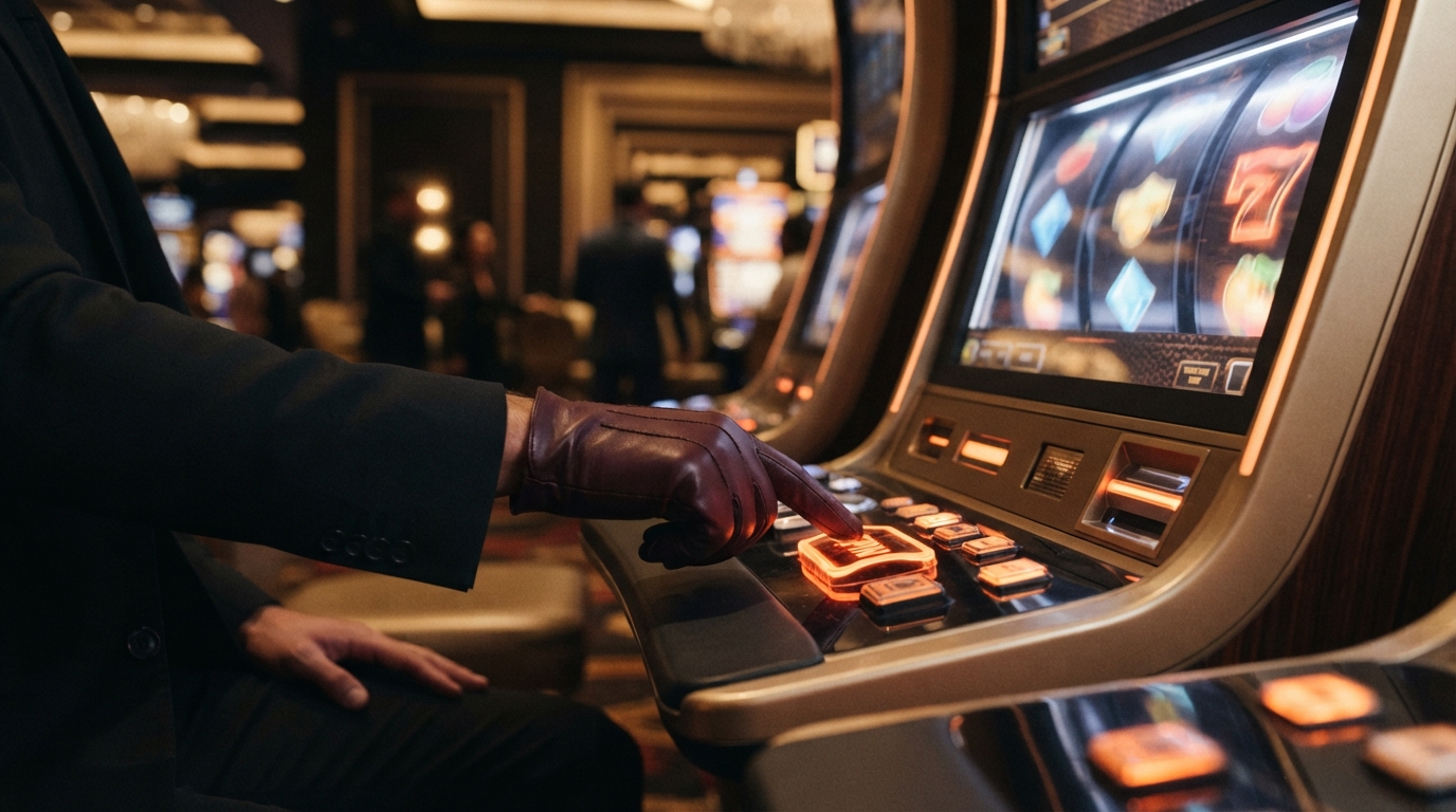 Casinos con retirada instantánea y PayPal — Reel de tragaperras iluminado, con dedos enguantados presionando un botón de neó