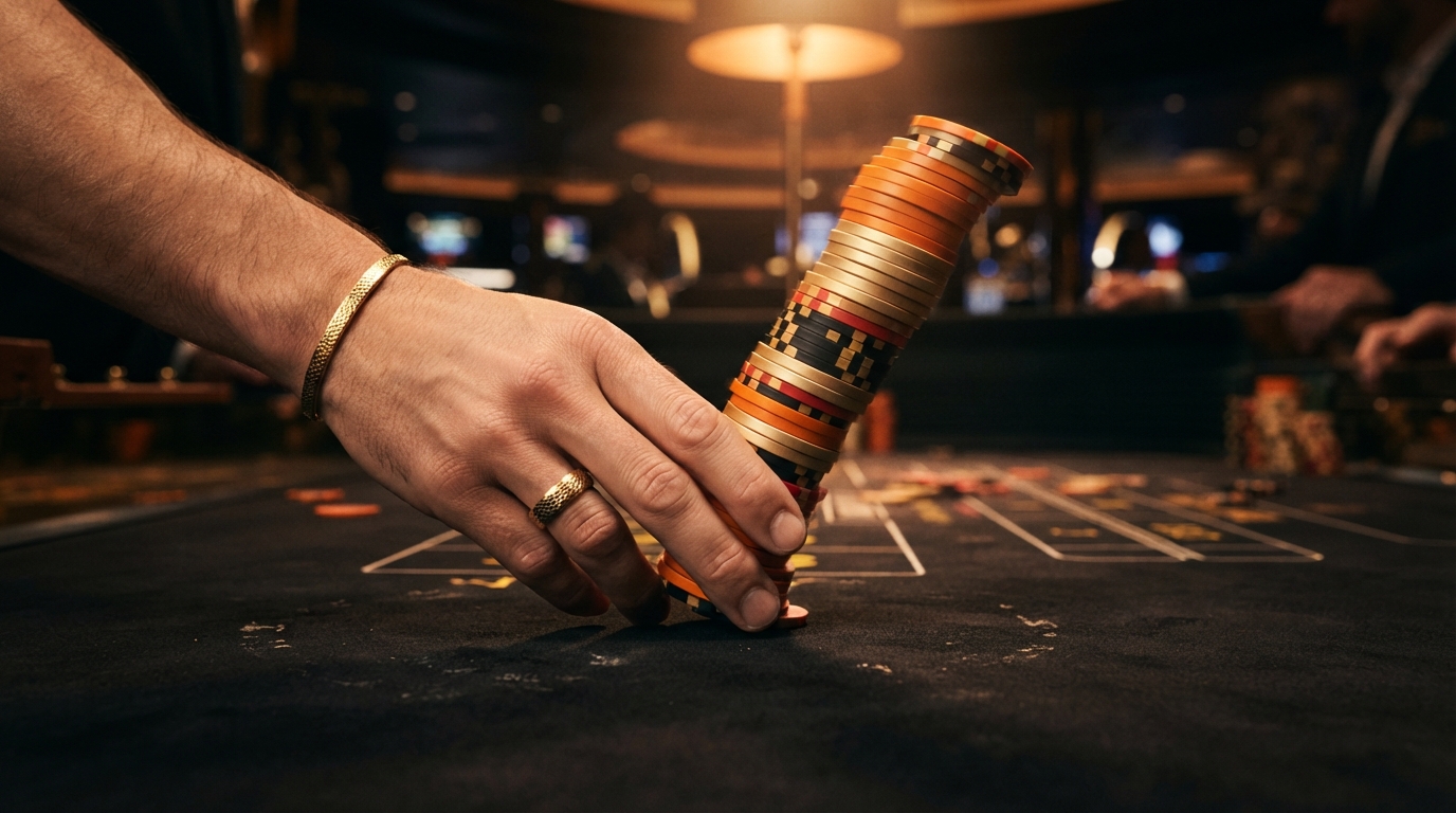 Casinos con retirada instantánea en España — Mano con un anillo de oro desliza una torre de fichas altas y brillantes sobre f