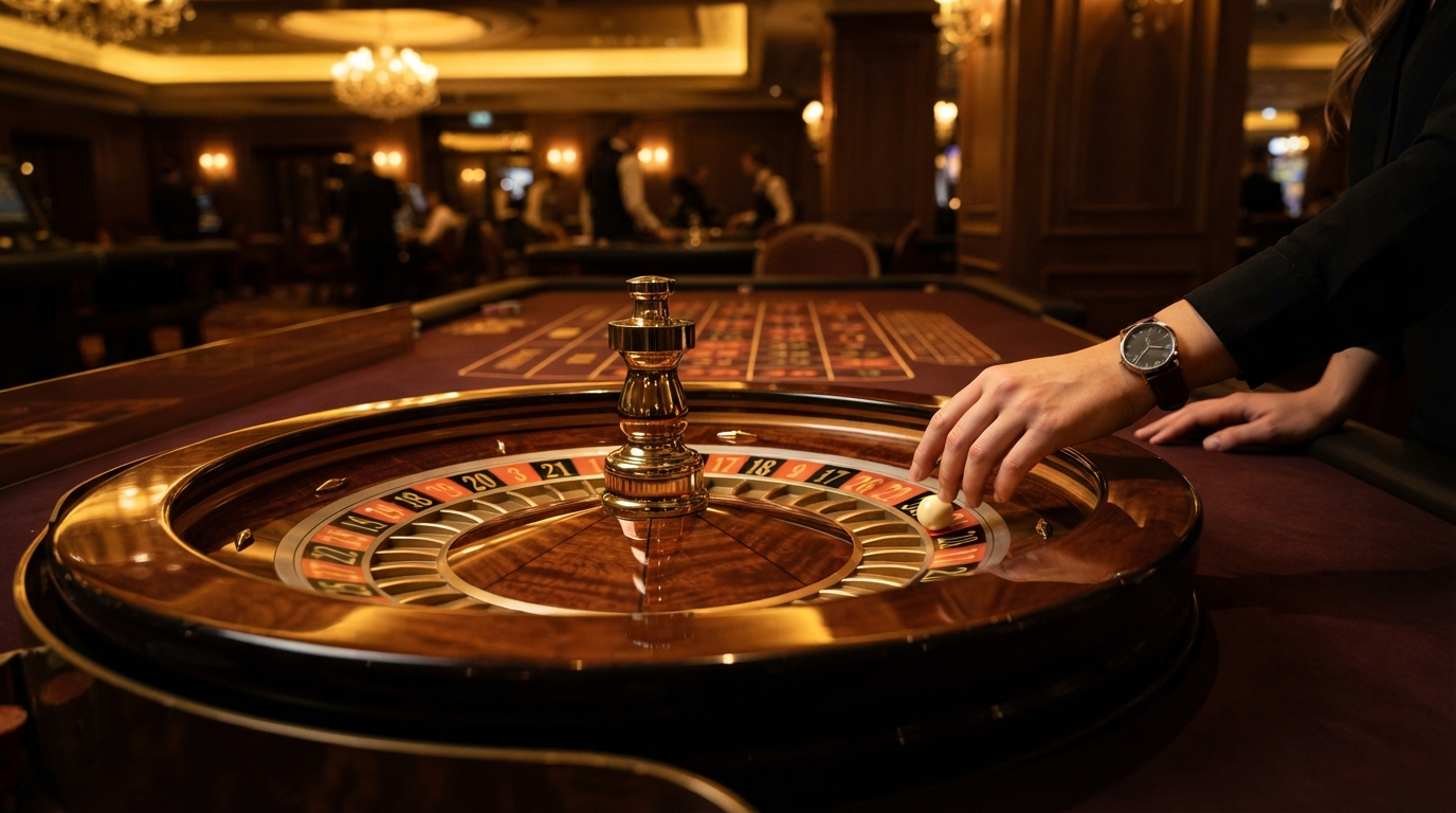 Casinos con retirada instantánea en España — Ruleta de latón pulido, con la bola detenida en un número, reflejando luces dora