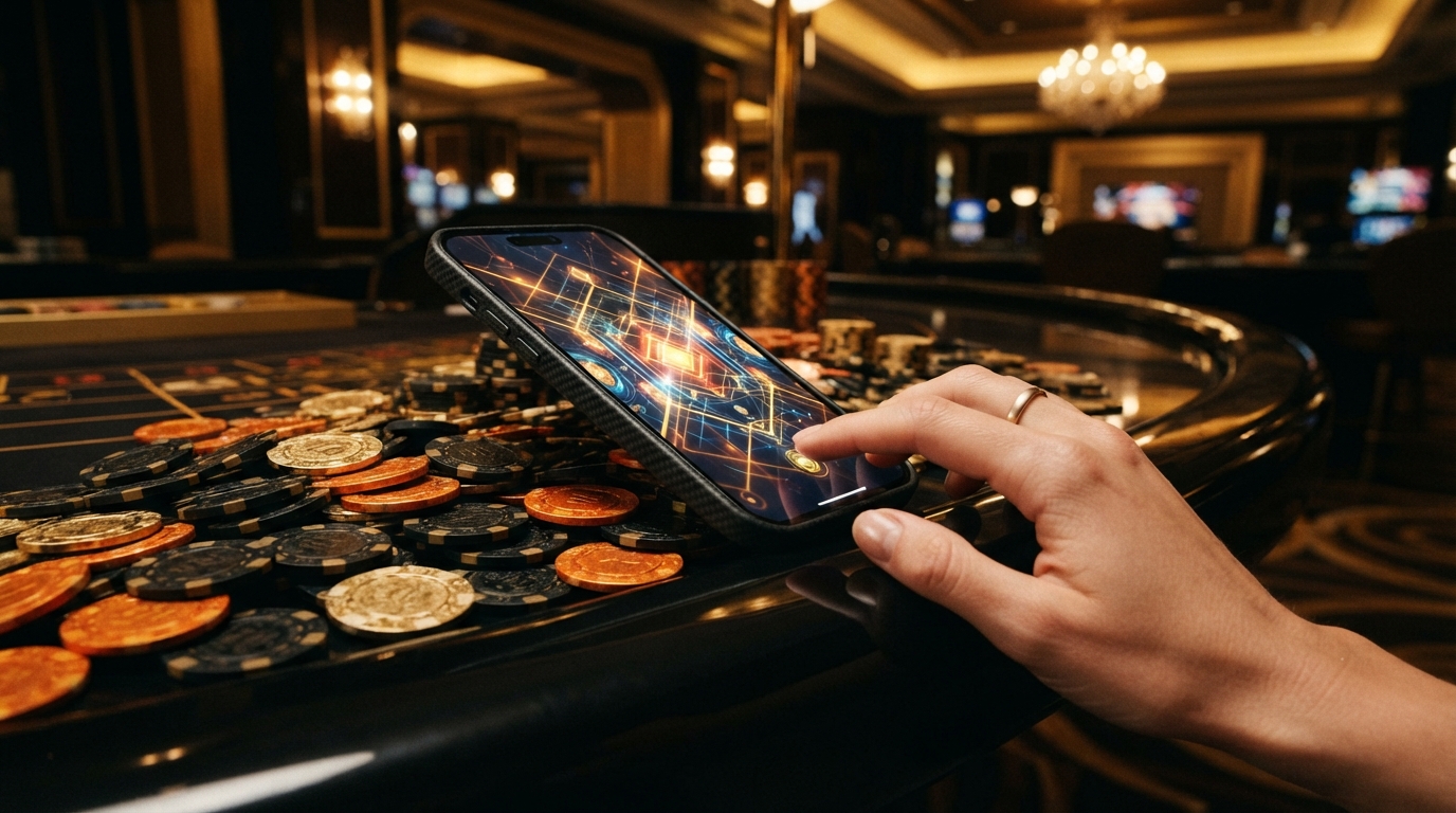 Casinos con retirada instantánea en España — Pantalla de móvil con gráficos abstractos de juego, apoyada sobre un borde de me