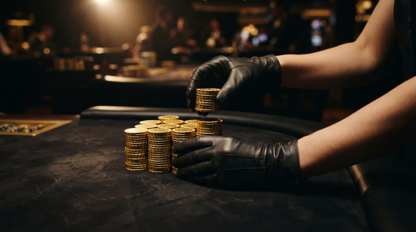 Seguridad y licencias en casinos con retirada instantánea — Manos enguantadas apilan fichas de casino de color dorado sobre fieltro negro, b