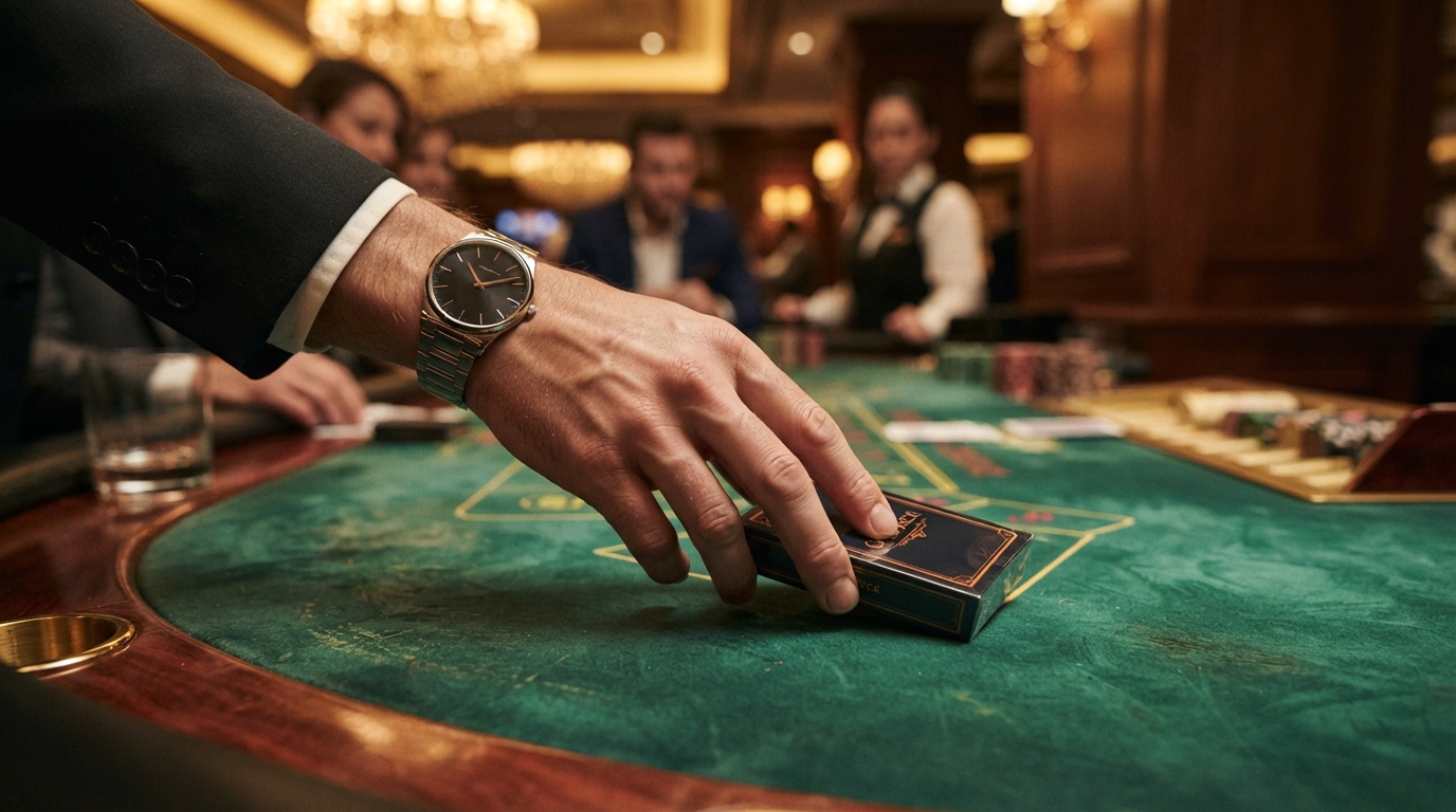 Seguridad y licencias en casinos con retirada instantánea — Una mano con un discreto reloj desliza una baraja de cartas lacadas sobre la mes