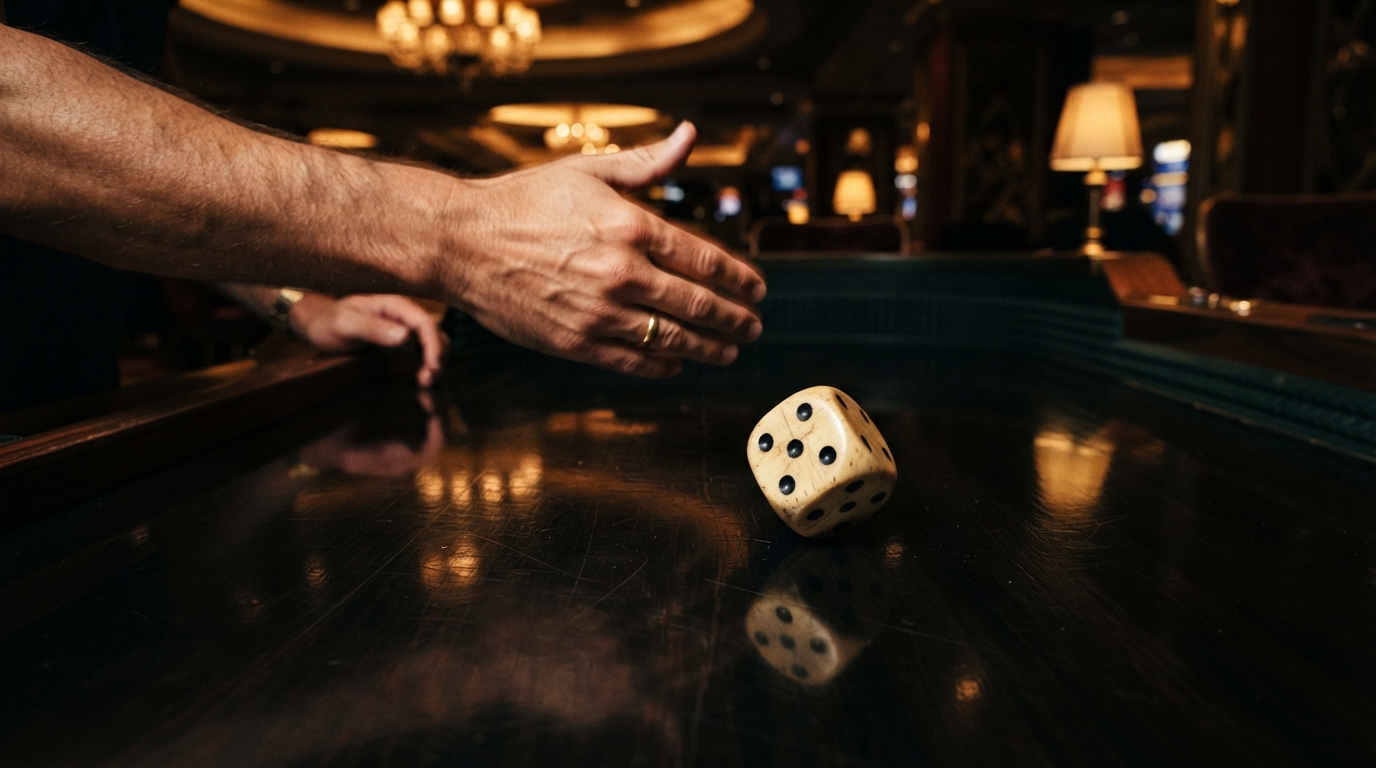 Seguridad y licencias en casinos con retirada instantánea — Primer plano cenital de un dado de marfil en pleno movimiento sobre una superfic